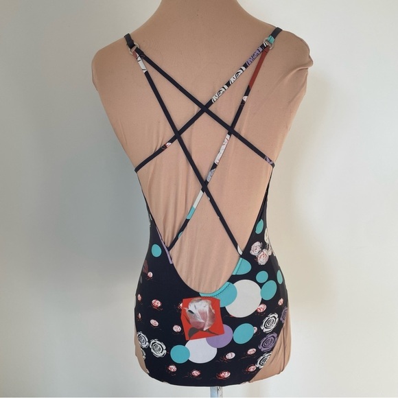SHAN Strappy Back Rosette Tulle Trim Black Multi Rose Print One Piece Swimsuit 8 - Picture 3 of 11